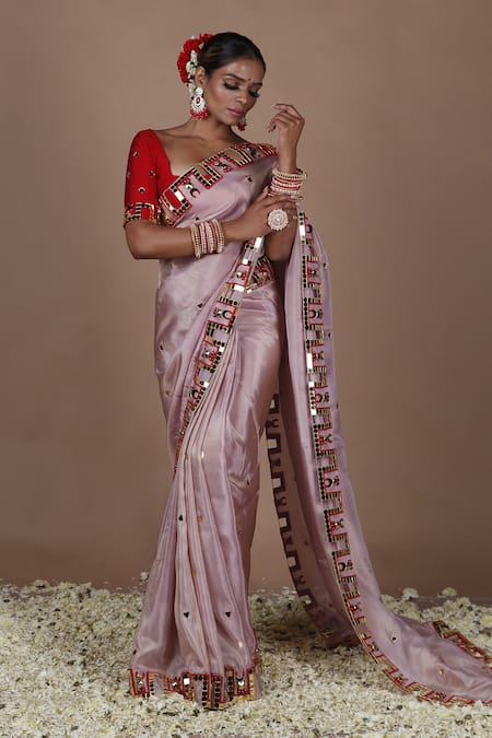 The Pink Penguin By Charmy Mirror Embroidered Saree With Blouse For Kids