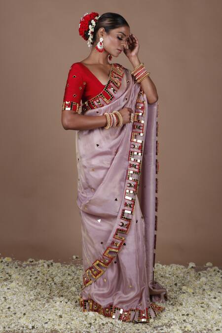 Shop_The Pink Penguin By Charmy_Purple Silk Embroidered Mirror Saree With Blouse For Kids_Online_at_Aza_Fashions