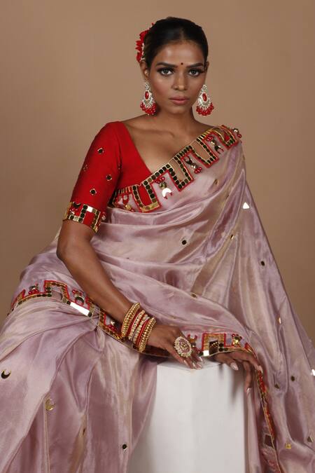 Buy_The Pink Penguin By Charmy_Purple Silk Embroidered Mirror Saree With Blouse For Kids