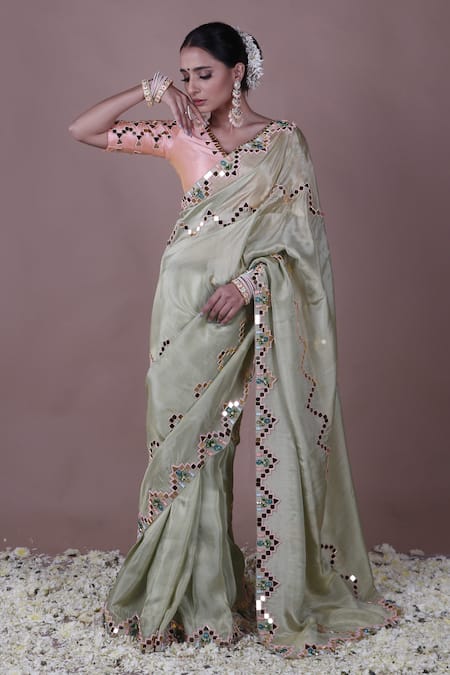 The Pink Penguin by Charmy Peach Silk Embroidered Mirror Scoop Saree With Blouse 