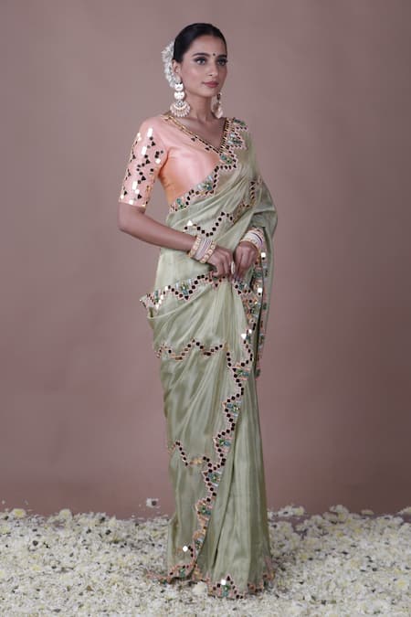 The Pink Penguin By Charmy Mirror Embroidered Saree With Blouse For Kids