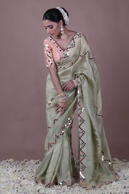 Shop_The Pink Penguin By Charmy_Peach Silk Embroidered Mirror Saree With Blouse For Kids_Online_at_Aza_Fashions