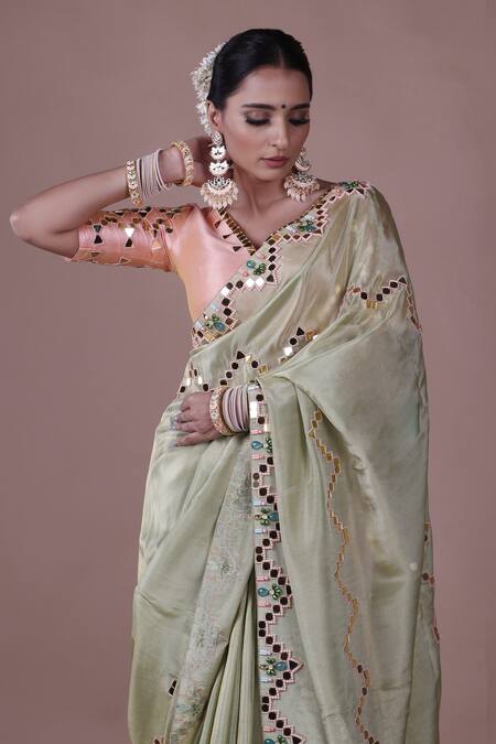 The Pink Penguin By Charmy_Peach Silk Embroidered Mirror Saree With Blouse For Kids_at_Aza_Fashions