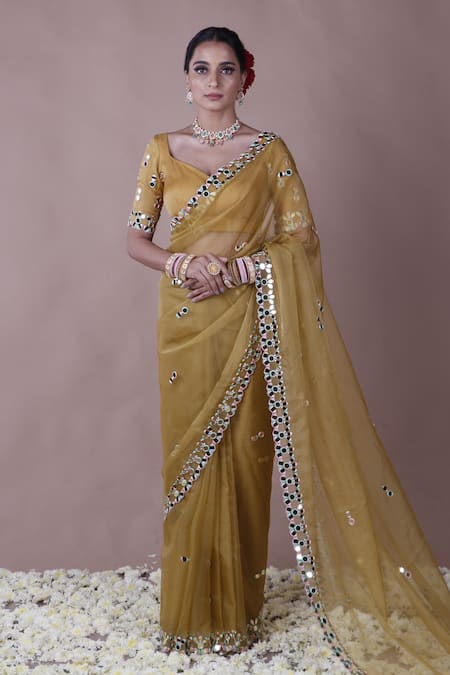 The Pink Penguin by Charmy Yellow Organza Embroidered Mirror Pentagon Work Border Saree With Blouse 