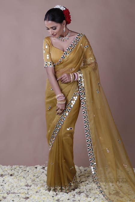 Buy_The Pink Penguin By Charmy_Yellow Organza Mirrors Asymmetric Work Border Saree With Blouse _Online_at_Aza_Fashions