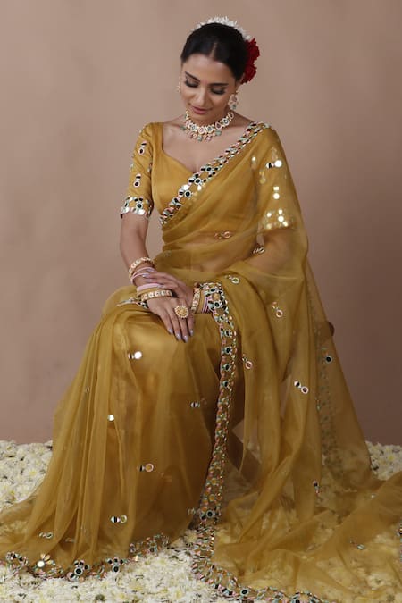 The Pink Penguin By Charmy_Yellow Organza Mirrors Asymmetric Work Border Saree With Blouse _at_Aza_Fashions