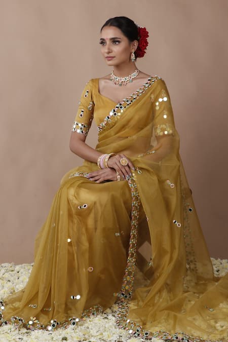 Buy_The Pink Penguin By Charmy_Yellow Organza Mirrors Asymmetric Work Border Saree With Blouse 