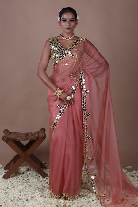 The Pink Penguin by Charmy Mirror Embroidered Saree With Blouse 