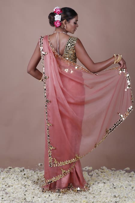 The Pink Penguin By Charmy Mirror Embroidered Saree With Blouse For Kids