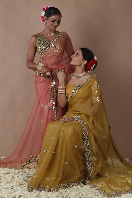 Buy_The Pink Penguin By Charmy_Pink Organza Mirrors V-neck Embroidered Saree With Blouse _Online_at_Aza_Fashions