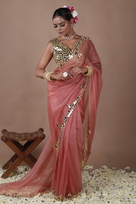 Shop_The Pink Penguin By Charmy_Pink Organza Mirrors V-neck Embroidered Saree With Blouse _Online_at_Aza_Fashions
