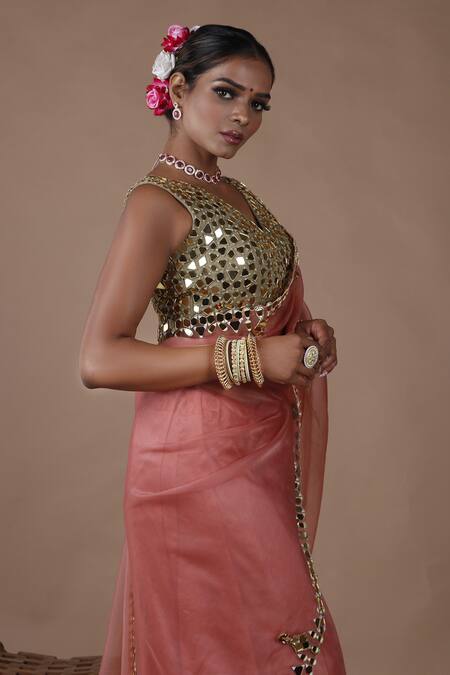 The Pink Penguin By Charmy_Pink Organza Mirrors V-neck Embroidered Saree With Blouse _at_Aza_Fashions