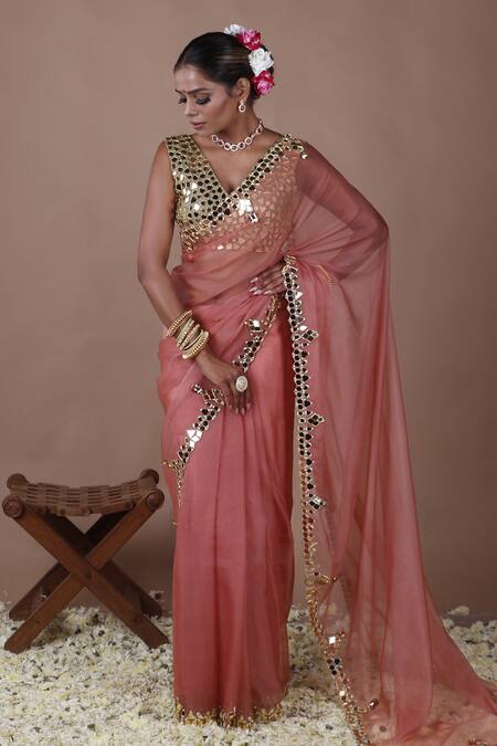 Buy_The Pink Penguin By Charmy_Pink Organza Mirrors V-neck Embroidered Saree With Blouse 