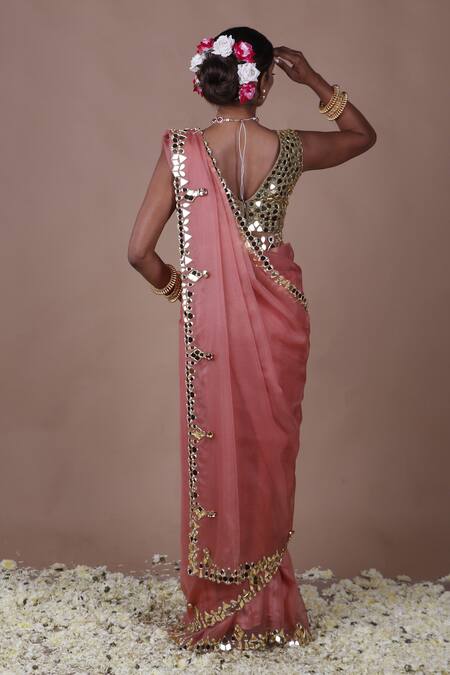 Shop_The Pink Penguin By Charmy_Pink Organza Mirrors V-neck Embroidered Saree With Blouse 