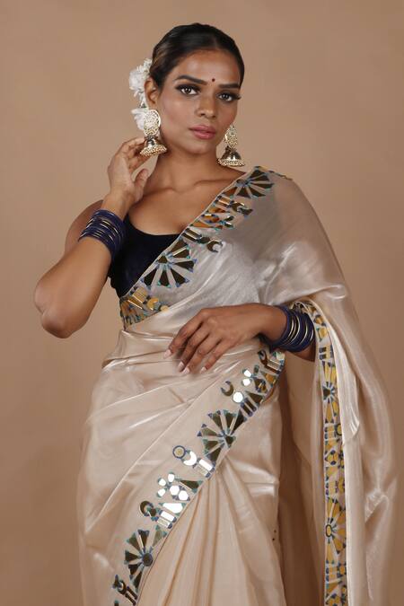 Shop_The Pink Penguin By Charmy_Beige Silk Organza Embroidered Mirror Saree With Blouse For Kids_Online_at_Aza_Fashions