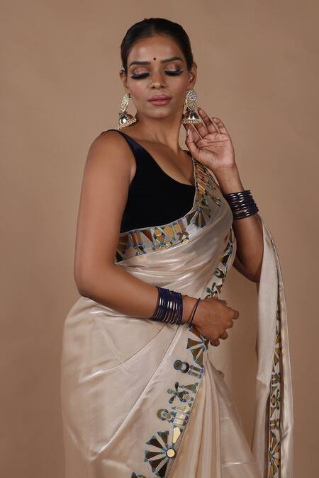 The Pink Penguin By Charmy_Beige Silk Organza Embroidered Mirror Saree With Blouse For Kids_at_Aza_Fashions