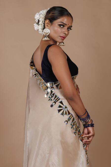 Buy_The Pink Penguin By Charmy_Beige Silk Organza Embroidered Mirror Saree With Blouse For Kids