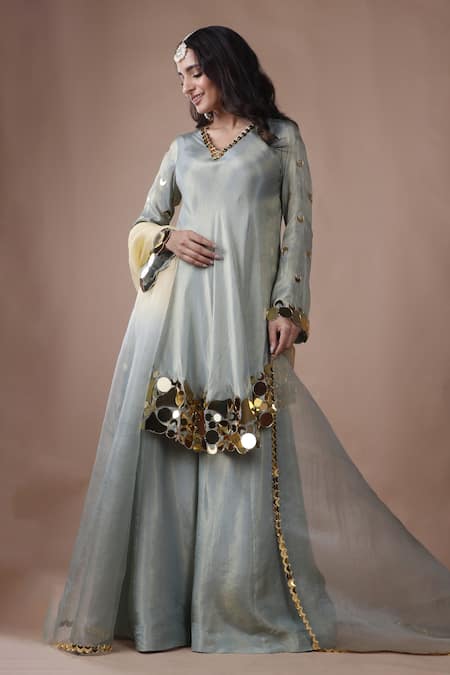 The Pink Penguin By Charmy Silk Mirror Embroidered Asymmetric Kurta Palazzo Set For Kids