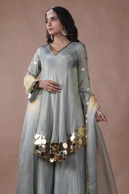 Buy_The Pink Penguin By Charmy_Blue Silk Embroidered Mirror Asymmetric Kurta Palazzo Set For Kids_Online_at_Aza_Fashions