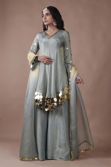 Shop_The Pink Penguin By Charmy_Blue Silk Embroidered Mirror Asymmetric Kurta Palazzo Set For Kids_Online_at_Aza_Fashions