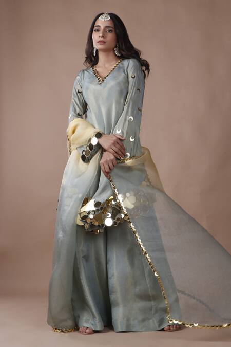 The Pink Penguin By Charmy_Blue Silk Embroidered Mirror Asymmetric Kurta Palazzo Set For Kids_at_Aza_Fashions