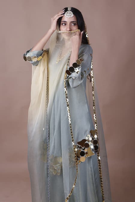 Buy_The Pink Penguin By Charmy_Blue Silk Embroidered Mirror Asymmetric Kurta Palazzo Set For Kids