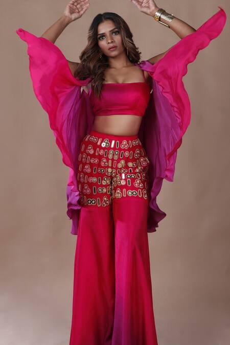 The Pink Penguin By Charmy Purple Dupion Silk Embroidered Mirror Ombre Cape Pant Set For Kids at Aza Fashions The Pink Penguin By Charmy_Purple Dupion Silk Embroidered Mirror Ombre Cape Pant Set For Kids_at_Aza_Fashions