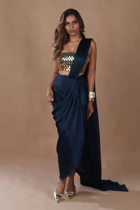 The Pink Penguin By Charmy_Blue Satin, Georgette Mirrors Square Pre-draped Saree With Embroidered Blouse _Online_at_Aza_Fashions