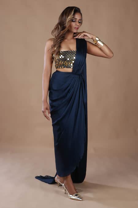 Buy_The Pink Penguin By Charmy_Blue Satin, Georgette Mirrors Square Pre-draped Saree With Embroidered Blouse _Online_at_Aza_Fashions