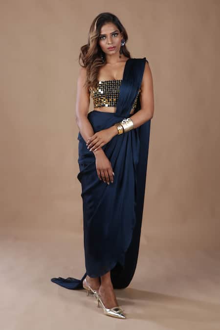 Shop_The Pink Penguin By Charmy_Blue Satin, Georgette Mirrors Square Pre-draped Saree With Embroidered Blouse _Online_at_Aza_Fashions