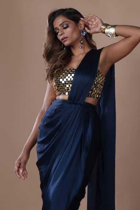 The Pink Penguin By Charmy_Blue Satin, Georgette Mirrors Square Pre-draped Saree With Embroidered Blouse _at_Aza_Fashions