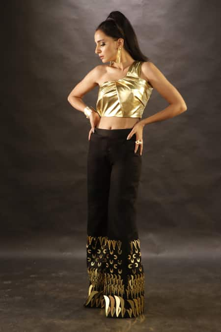 The Pink Penguin by Charmy Gold Leather Embroidered Mirror One-shoulder Crop Top And Pant Set 