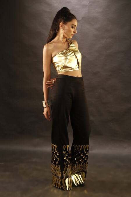 The Pink Penguin By Charmy Gold Leather Embroidered Mirror One-shoulder Crop Top And Pant Set Online at Aza Fashions The Pink Penguin By Charmy_Gold Leather Embroidered Mirror One-shoulder Crop Top And Pant Set_Online_at_Aza_Fashions