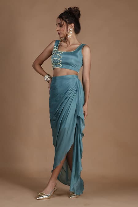 The Pink Penguin By Charmy Embroidered Crop Top & Draped Skirt Set For Kids