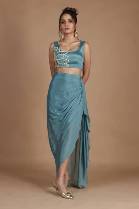 Buy_The Pink Penguin By Charmy_Blue Chiffon Cut Work, Sequins, Mirrors Embroidered Crop Top And Draped Skirt Set _Online_at_Aza_Fashions