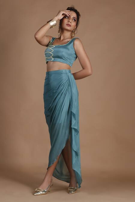 Shop_The Pink Penguin By Charmy_Blue Chiffon Cut Work, Sequins, Mirrors Embroidered Crop Top And Draped Skirt Set _Online_at_Aza_Fashions