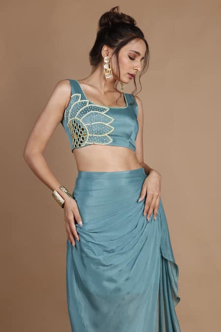 The Pink Penguin By Charmy_Blue Chiffon Cut Work, Sequins, Mirrors Embroidered Crop Top And Draped Skirt Set _at_Aza_Fashions