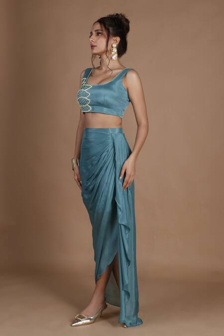 Buy_The Pink Penguin By Charmy_Blue Chiffon Cut Work, Sequins, Mirrors Embroidered Crop Top And Draped Skirt Set 