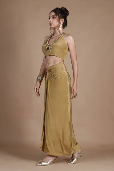 Buy_The Pink Penguin By Charmy_Green Crepe Embroidered Mirror Cape Draped Skirt Set For Kids_Online_at_Aza_Fashions