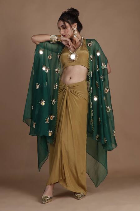 Shop_The Pink Penguin By Charmy_Green Crepe Embroidered Mirror Cape Draped Skirt Set For Kids_Online_at_Aza_Fashions