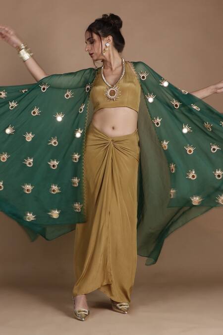 The Pink Penguin By Charmy_Green Crepe Embroidered Mirror Cape Draped Skirt Set For Kids_at_Aza_Fashions