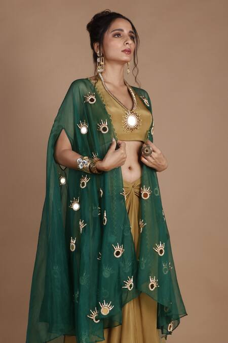 Buy_The Pink Penguin By Charmy_Green Crepe Embroidered Mirror Cape Draped Skirt Set For Kids