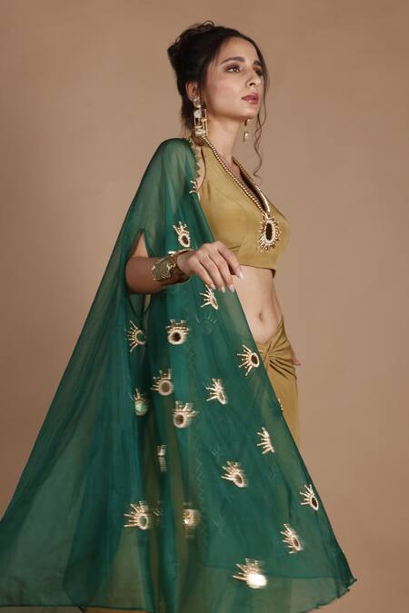 Shop_The Pink Penguin By Charmy_Green Crepe Embroidered Mirror Cape Draped Skirt Set For Kids