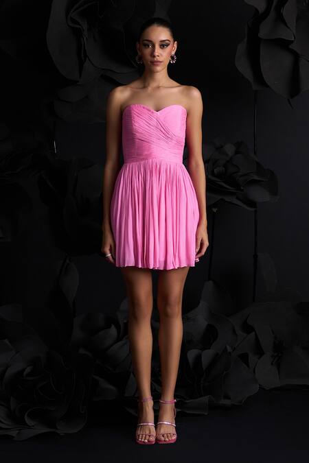 Dania Siddiqui_Pink Crepe, Silk Sweetheart Neck Ariana Corset Ruched Short Dress _Online_at_Aza_Fashions
