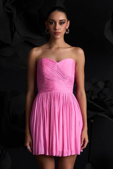 Buy_Dania Siddiqui_Pink Crepe, Silk Sweetheart Neck Ariana Corset Ruched Short Dress _Online_at_Aza_Fashions