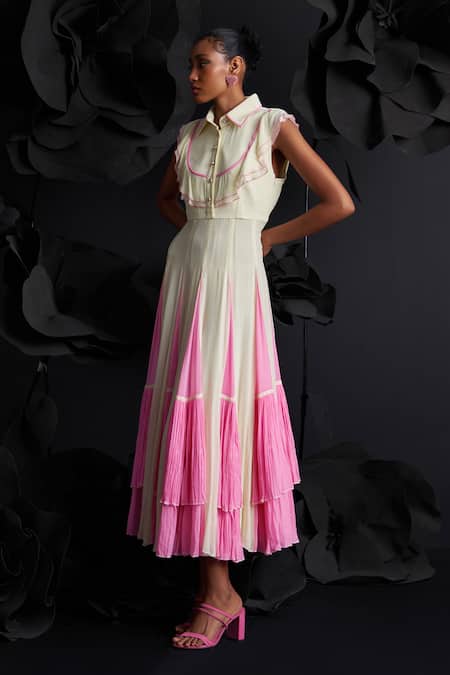 Dania Siddiqui_Yellow Viscose, Georgette, Cotton, Silk Fringe Marina Flary Frill Midi Dress _at_Aza_Fashions