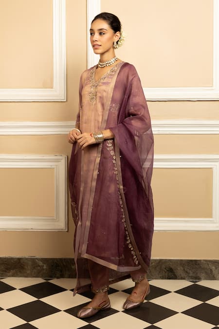 Dohr India_Purple Tissue, Silk, Organza Sequins, Suhani Embroidered Kurta Pant Set _Online_at_Aza_Fashions