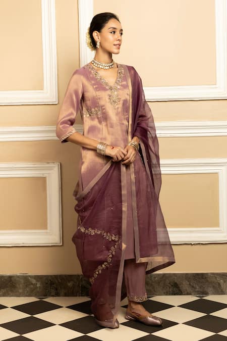Buy_Dohr India_Purple Tissue, Silk, Organza Sequins, Suhani Embroidered Kurta Pant Set _Online_at_Aza_Fashions
