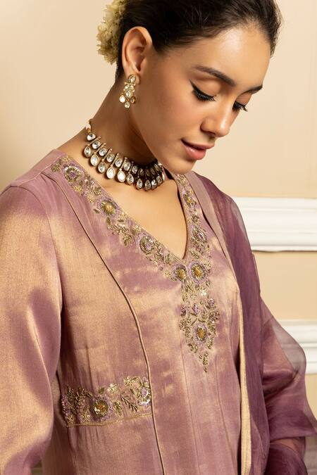 Dohr India_Purple Tissue, Silk, Organza Sequins, Suhani Embroidered Kurta Pant Set _at_Aza_Fashions