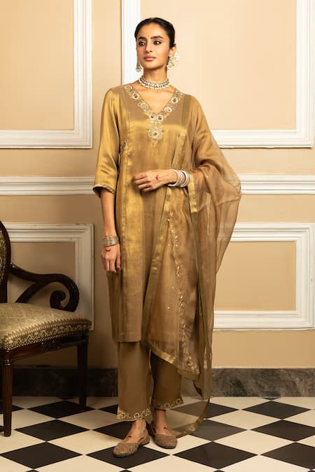 Dohr India Gold Kurta And Pant Tissue Blend Embroidered Dabka Suhani Zari Metallic Set 